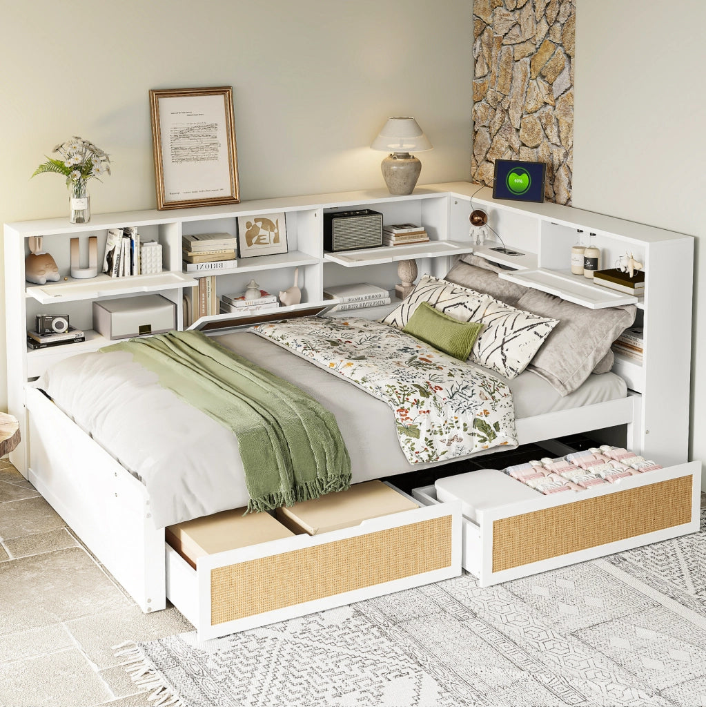 Divano letto 140x200 cm con USB e spazio contenitore in MDF bianco
