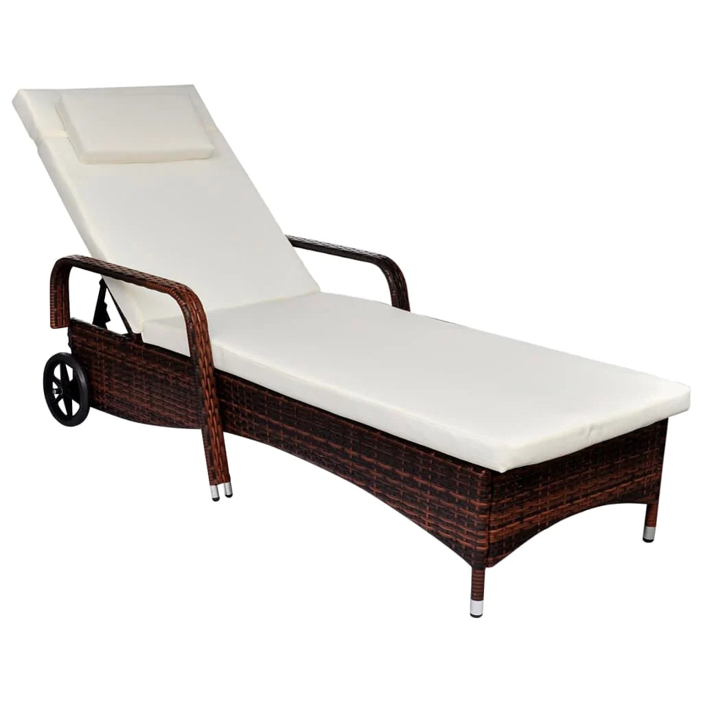 Lettino prendisole sedia a sdraio lettino prendisole letto da giardino mobili da esterno per patio con cuscino e ruote resina intrecciata marrone 02_0012447