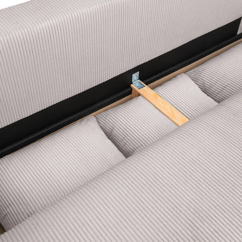 Divano letto in velluto a coste con contenitore, 3 posti, beige grigio