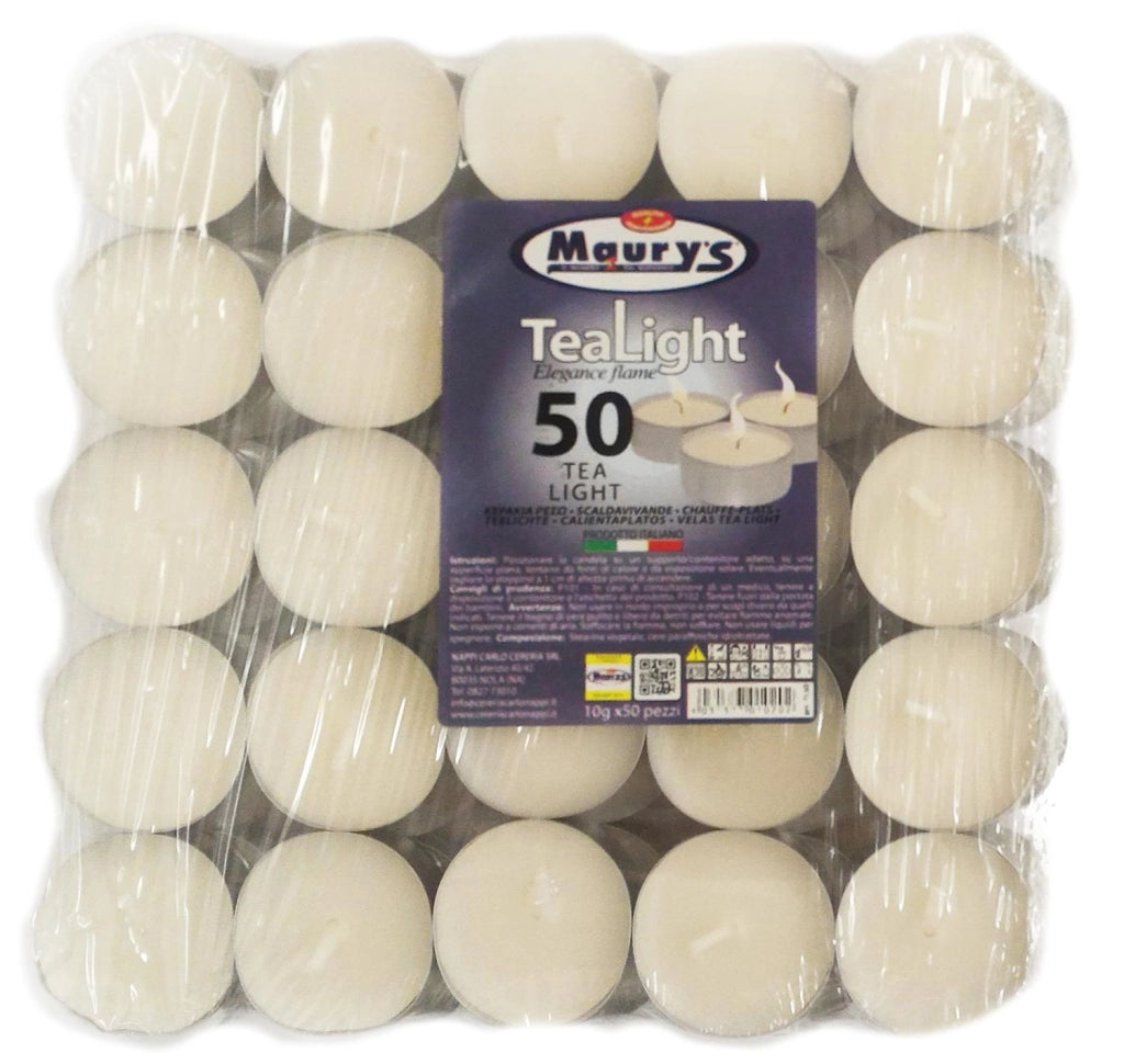 MAURY'S CANDELINE TEA LIGHT 50PZ BIANCHE SENZA PROFUMO BASE IN METALLO