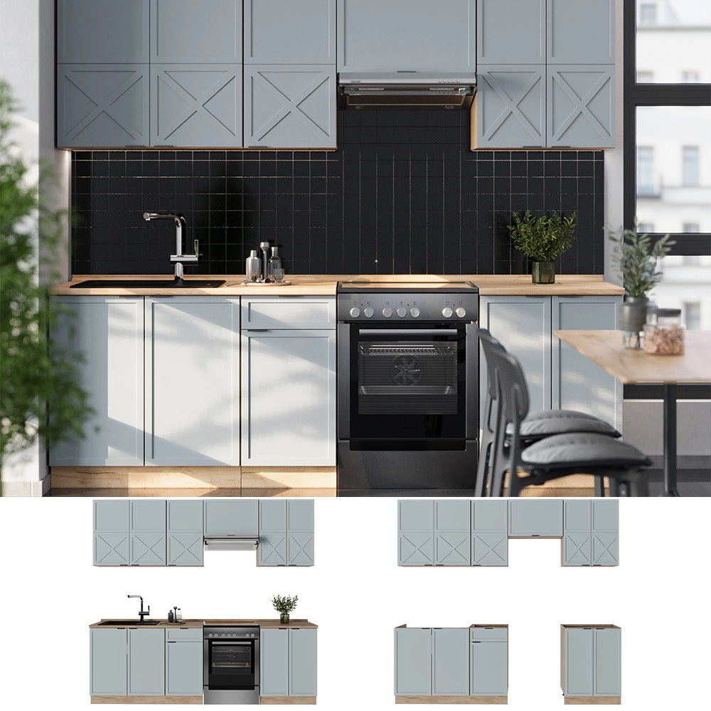 Cucina componibile Fame-Line Blu-grigio chiaro/Rovere dorato 240 cm, PL Antracite Vicco