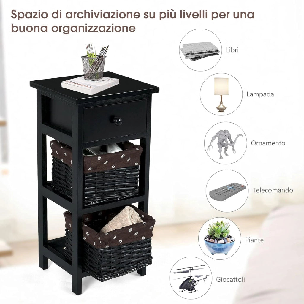 Comodino Camera da Letto in Legno, Tavolino per Divano, Comò Moderno, Ideale per Camera da Letto, 28 x 26 x 60 cm (Nero)