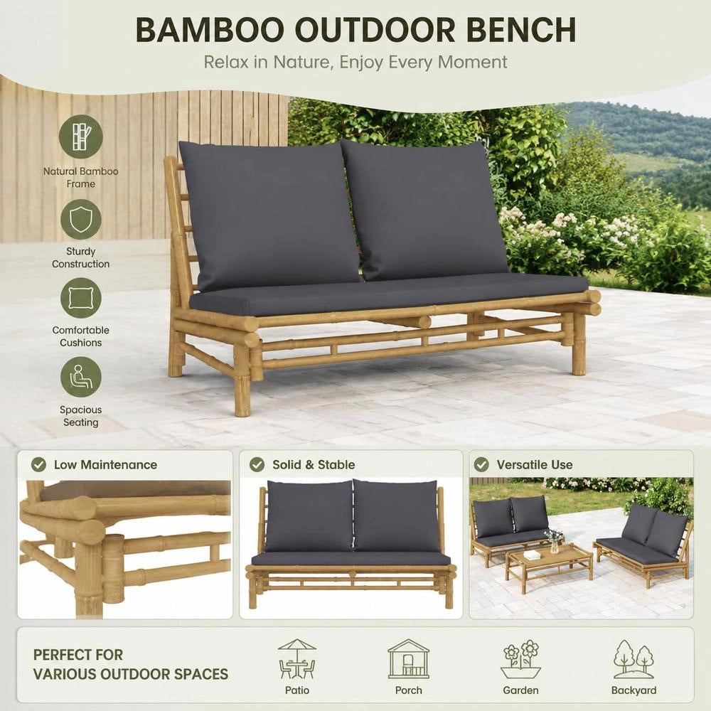 Garden Bench With Dark Grey Cushions, Bamboo