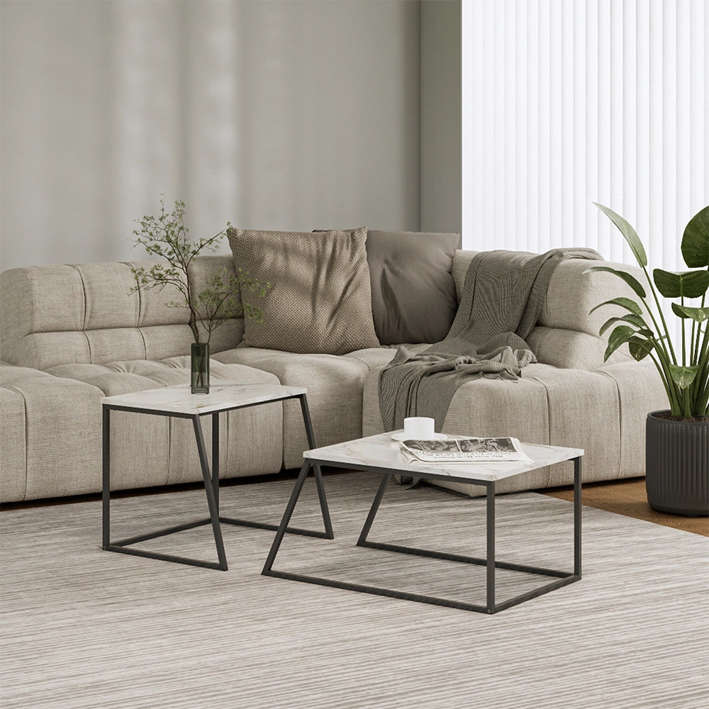 Vicco Tavolino da divano Nero/marmo-bianco 60 x 50 cm 2 parti