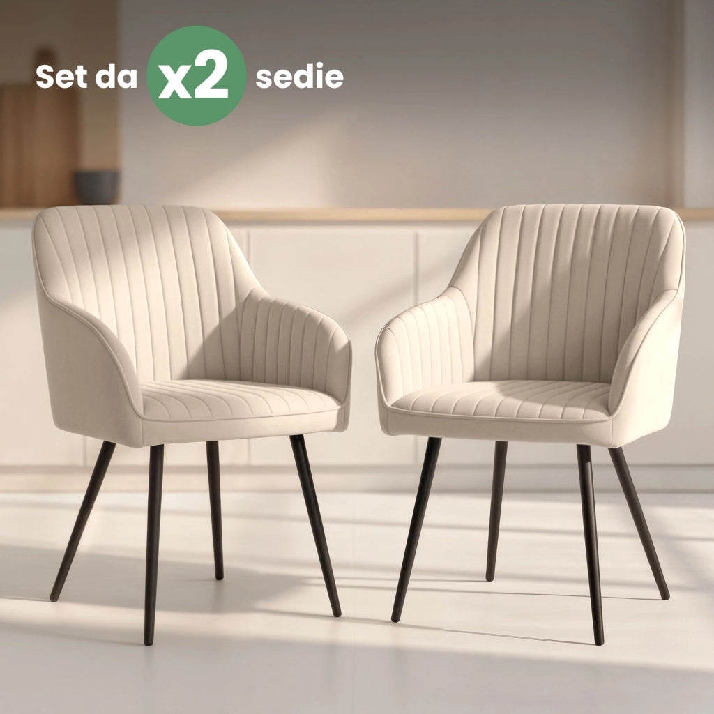 Set di 2 Sedie in velluto con cuciture verticali FLORENCE Beige gambe nere