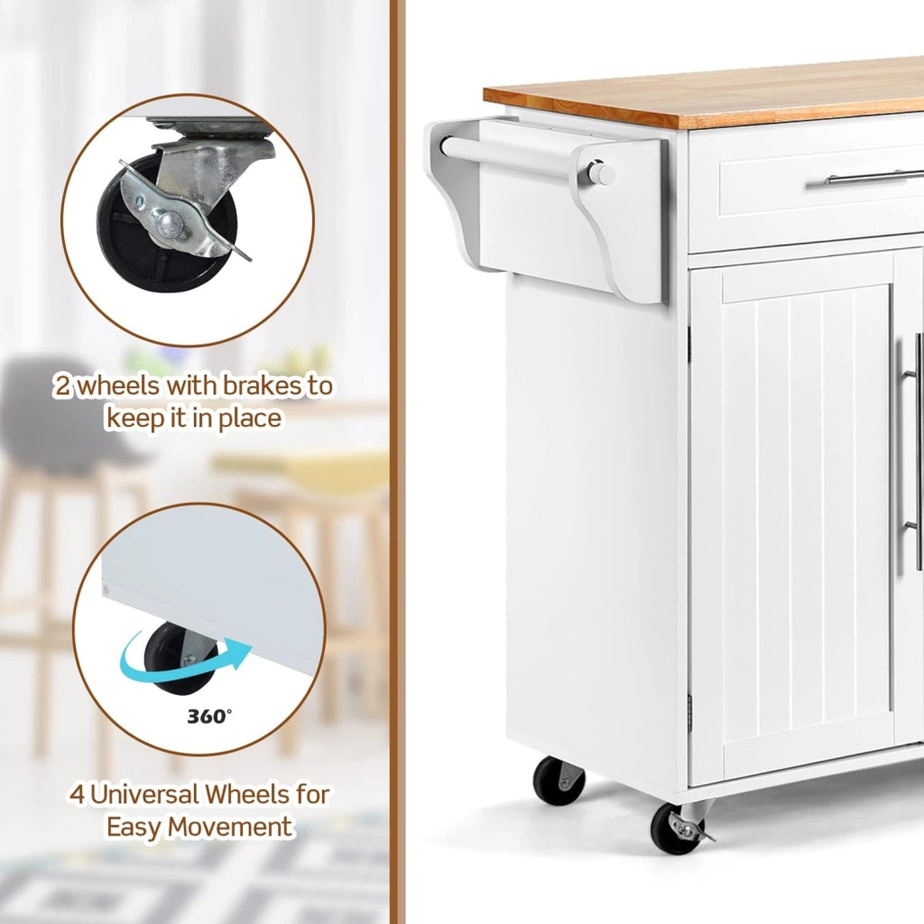 Carrello da Cucina in Legno, Credenza con Ruote, Armadietto Autoportante, Piano in Legno di Gomma, 2 Portaoggetti, 2 Cassetti, 3 Ante, 4 Ruote, per Sistemazione, Bianco, 122x46x92,3 cm