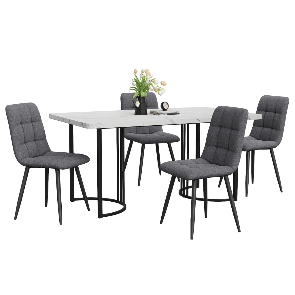 Set tavolo da pranzo per 4 persone con 4 sedie in lino, piano in MDF effetto marmo, bianco, 140 × 80 cm