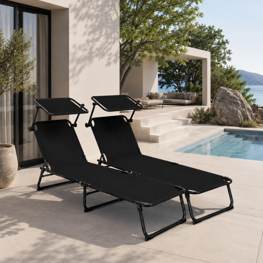 Set 2 Lettini Mare Pieghevoli Struttura In Acciaio Traspirante Con Schienale Reclinabile E Tettuccio Parasole Regolabile Ideali Per Spiaggia Giardino Campeggio Relax Estivo 24 X 187 X 53 Cm Nero