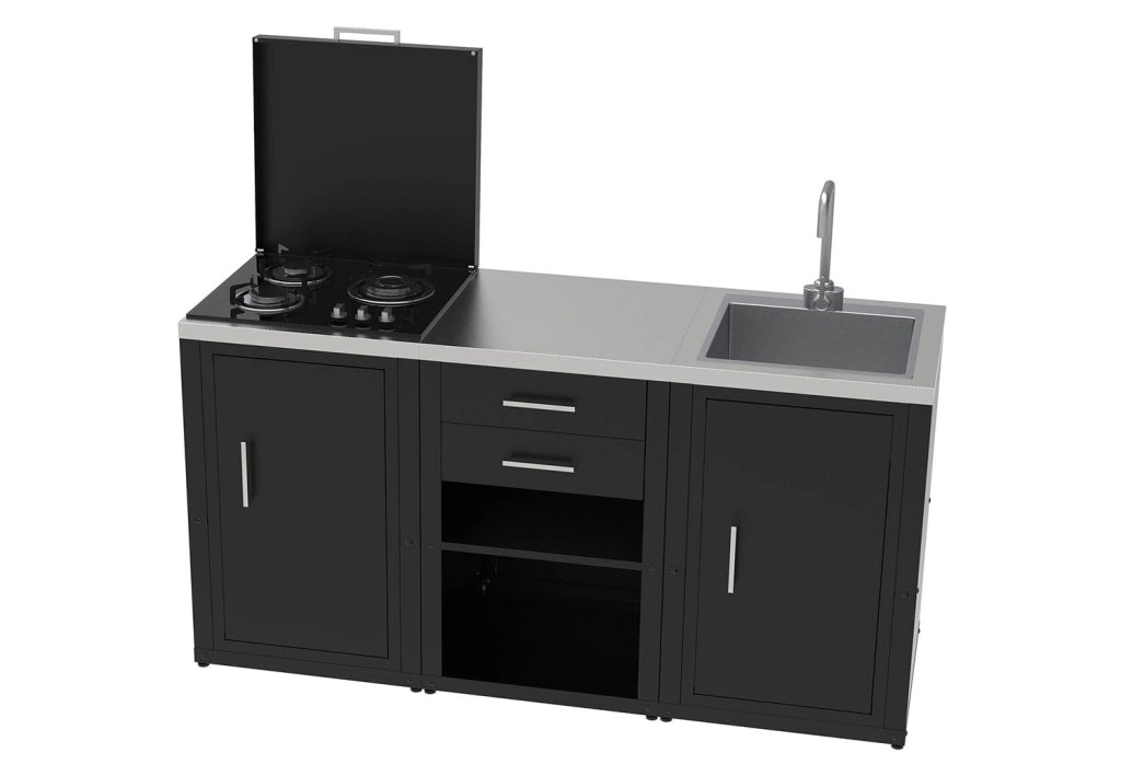 Mobile Cucina 3 Fuochi a Gas 60,7x60,7x100 cm con Armadietto Sotto e Coperchio in Acciaio e Vetro Nero