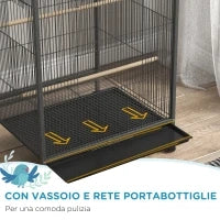 Gabbia per Uccelli in Acciaio e PP con 5 Porte, 2 Posatoi e Vassoio Estraibile, 48x46x74 cm, Grigio