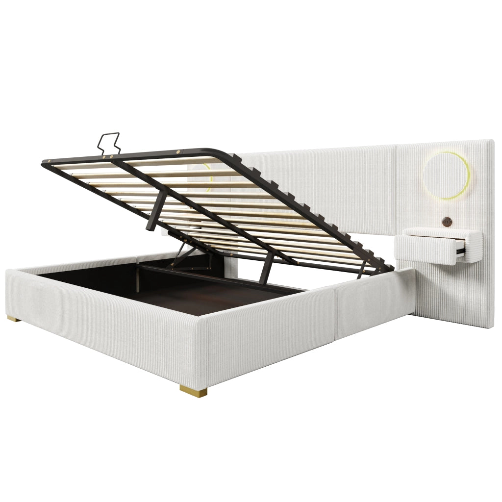 Letto Contenitore 180x200 cm Letto Matrimoniale; USB; LED e contenitore in Velluto Beige