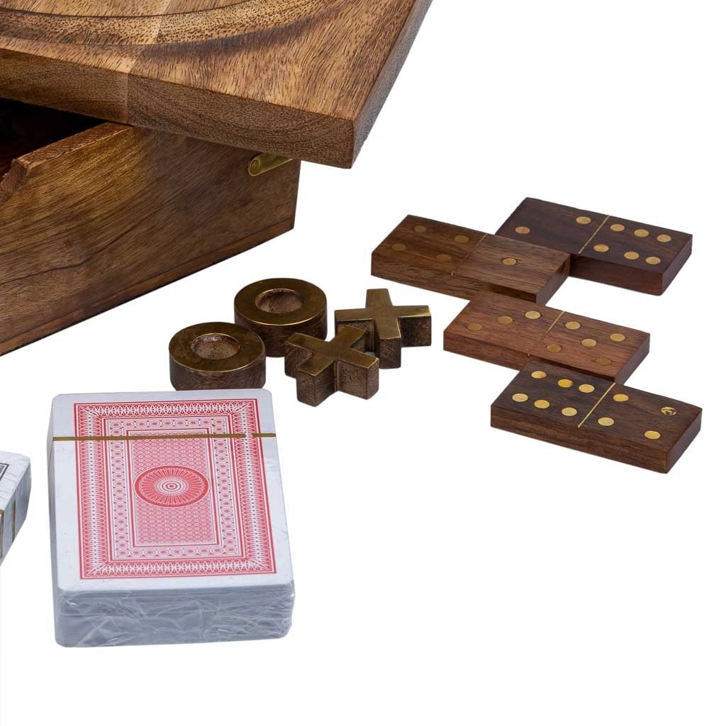 Gioco 5 in 1 (3 di fila+Domino+dadi+2 carte+solitario) in scatola legno marrone 23x23xh