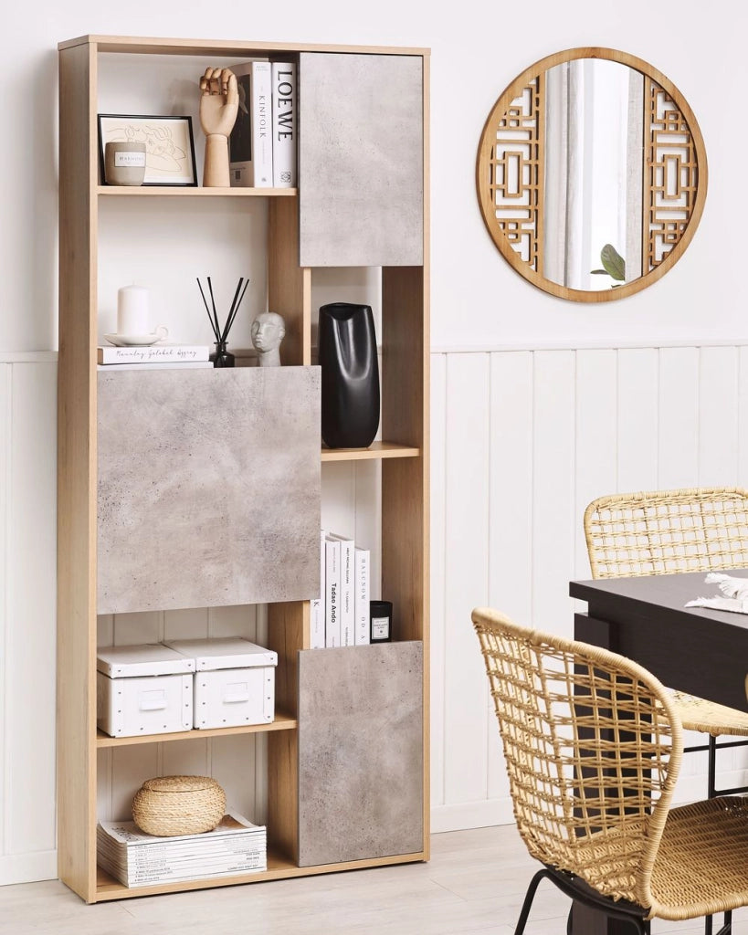 Libreria a 5 ripiani in legno chiaro con scaffalature in cemento comodino soggiorno camera da letto