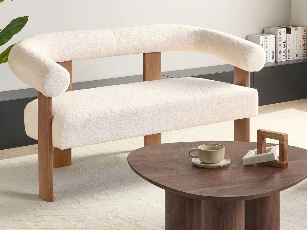 Divano a 2 posti Boucle bianco sporco e Marrone Scuro stile retrò gambe in legno