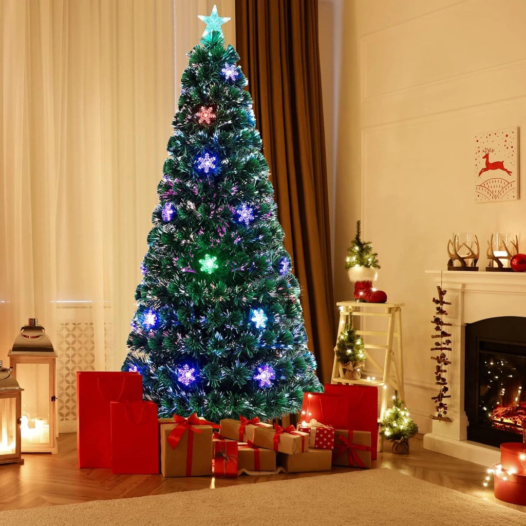 Albero di Natale 180 cm, con Luci LED, Rami Densi, Stelle Luminosi e Fibre Ottiche, Albero di Natale Realistico per Casa, Ufficio e Negozio, Verde (180 cm)