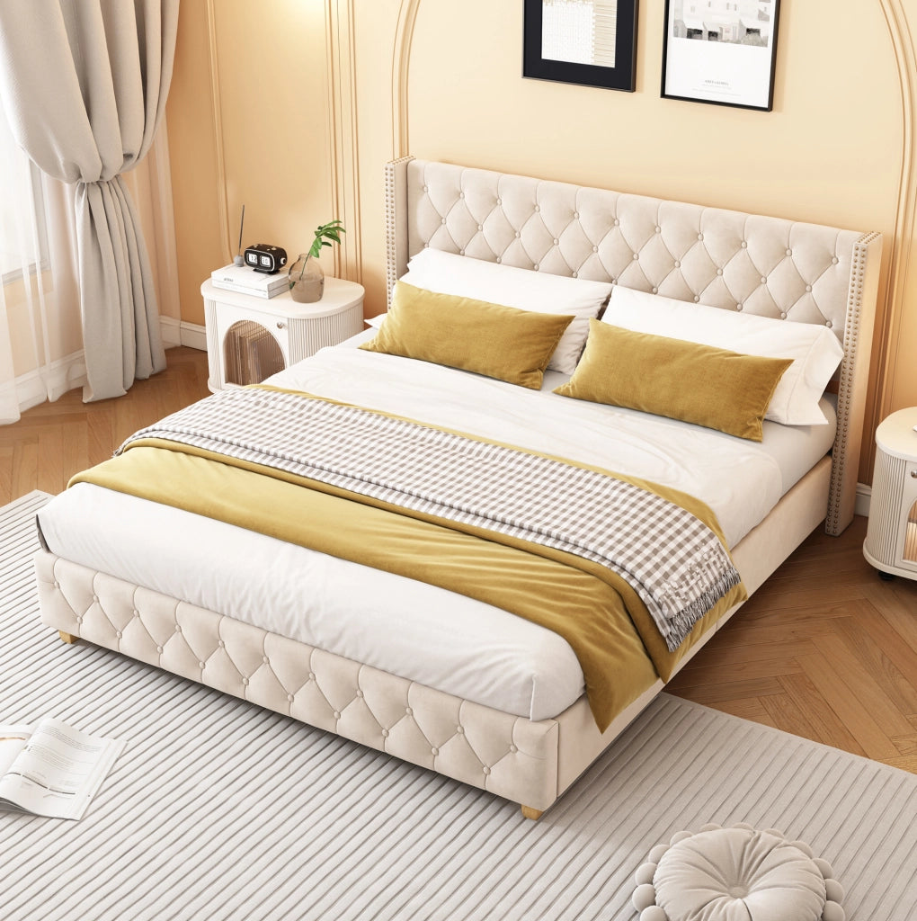 Letto imbottito 160x200 cm capitonn茅; velluto; beige chiaro (Senza materasso)