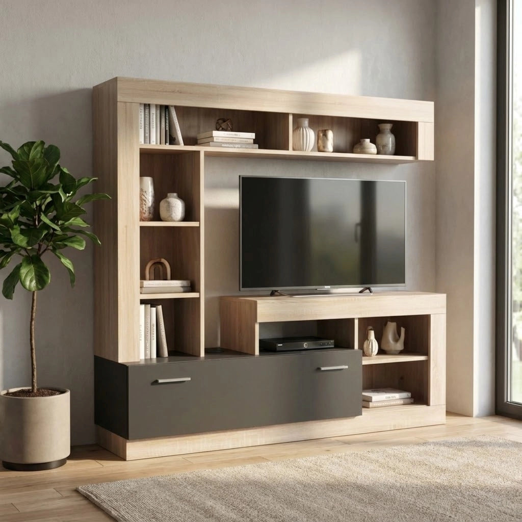 Parete Attrezzata per Soggiorno in Legno Composito cm 185x40x170 - GABE