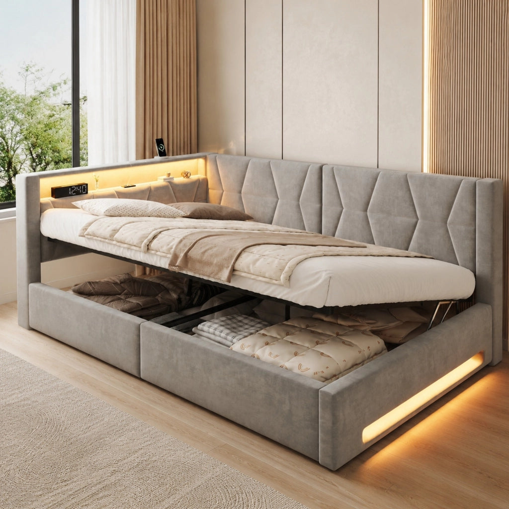 Letto Contenitore 140 x 200 cm; Letto Matrimoniale - USB e LED - Velluto - Grigio Scuro