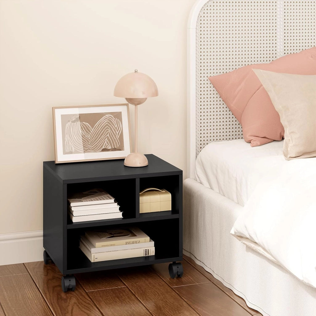 Carrello Porta Stampante con 3 Scomparti Aperti, Mobiletto con Ruote, Supporto per Stampante in Legno, Classificatore per Documenti, Studio, Ufficio, 40x30x35cm, Nero, ASK06sz