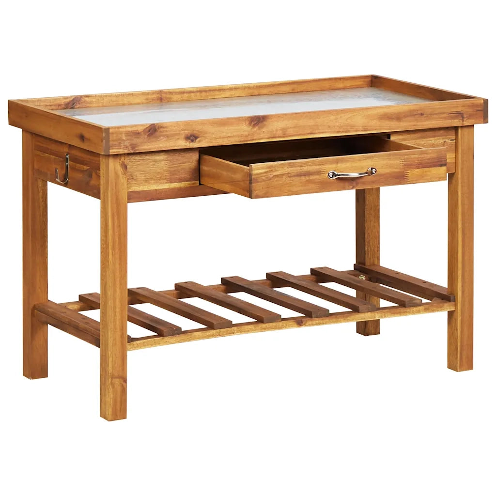 Tavolo da giardino in legno massello di acacia 100 x 50 x 60 cm con piano in zinco finitura marrone naturale 02_0045918