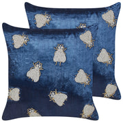 Set di 2 cuscini assortiti con ricamo floreale in velluto blu navi 45 x 45 cm sfoderabile con imbottitura