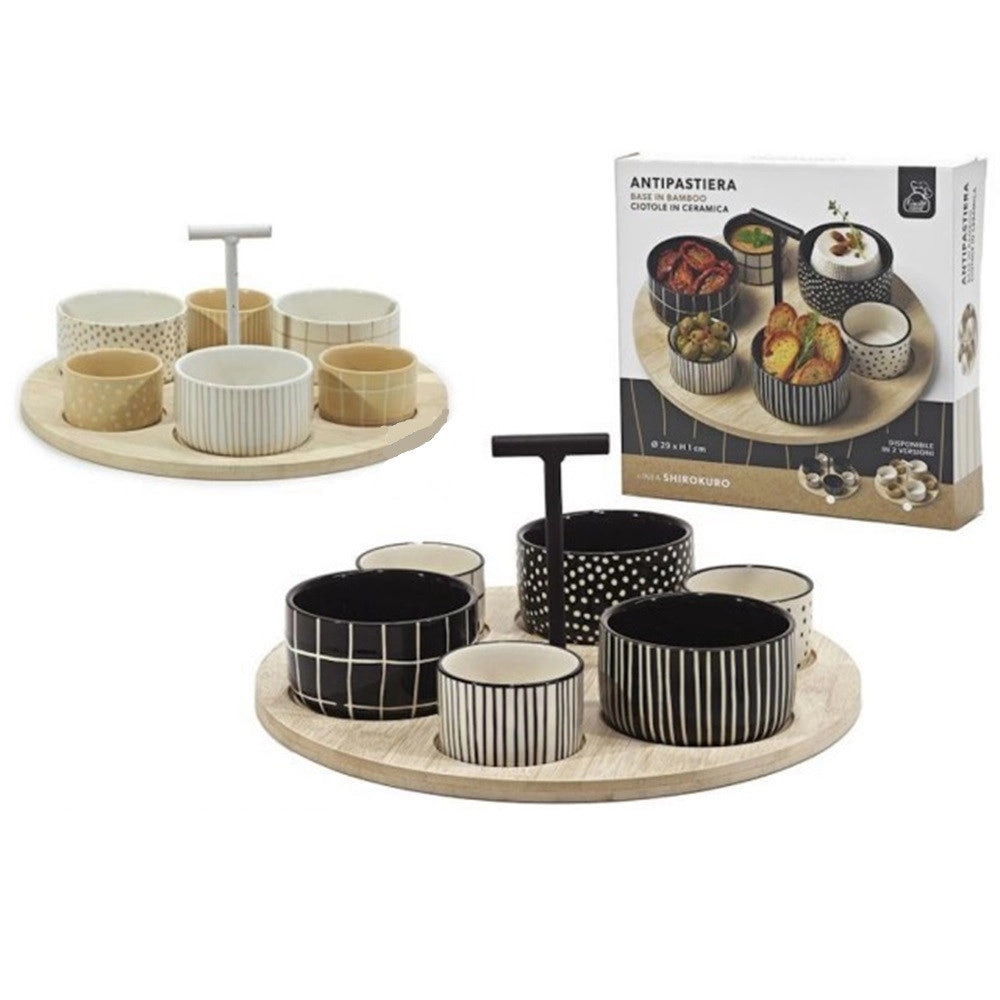 Trade Shop - Set Antipastiera Con 6 Ciotoline Su Vassoio Base In Bamboo ⌀29cm Per Antipasti Snack -