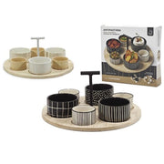 Trade Shop - Set Antipastiera Con 6 Ciotoline Su Vassoio Base In Bamboo ⌀29cm Per Antipasti Snack -