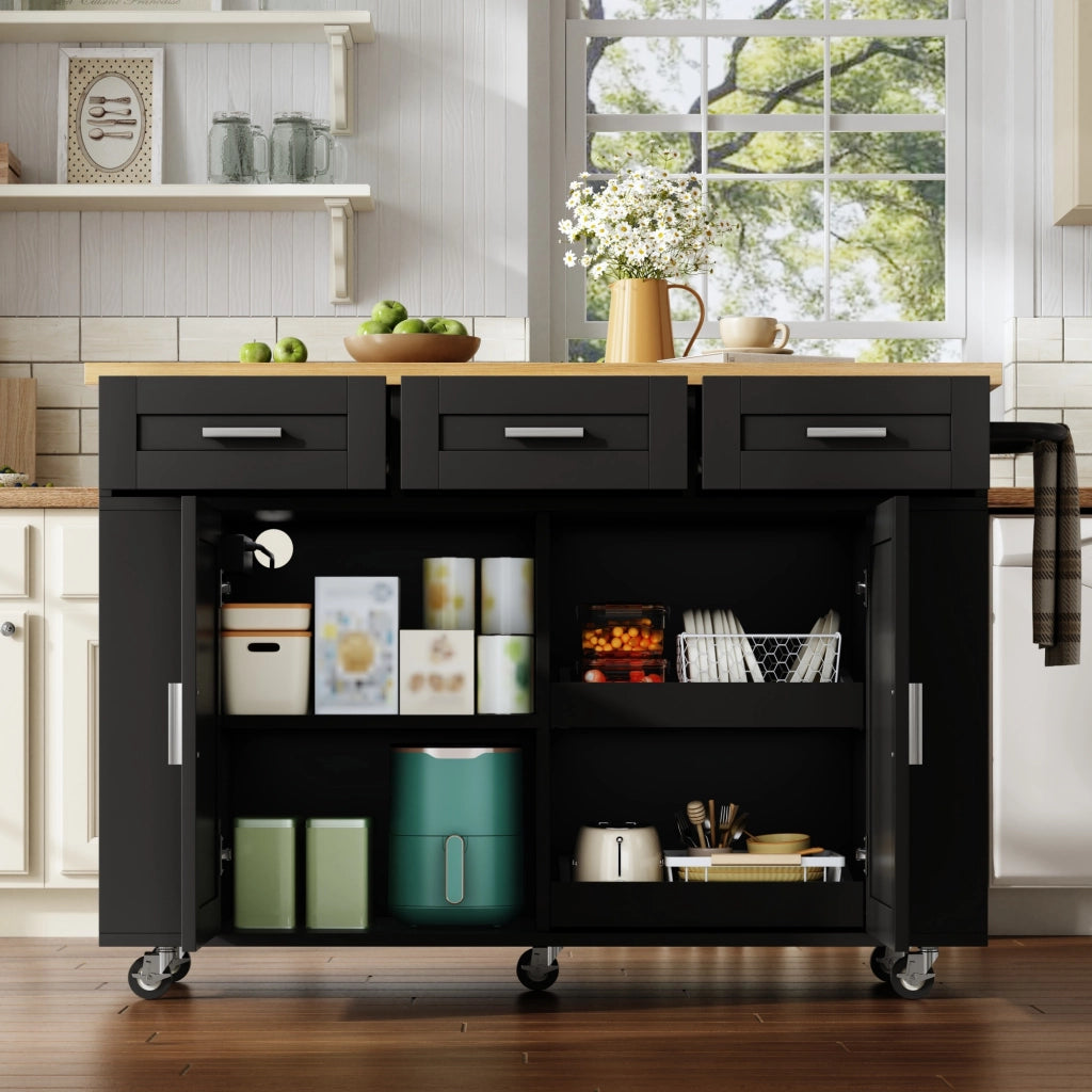 Isola da cucina mobile con piano ribaltabile, organizer estraibili, 3 cassetti, prese integrate e ruote bloccabili, 120 x 45(70) x 84 cm