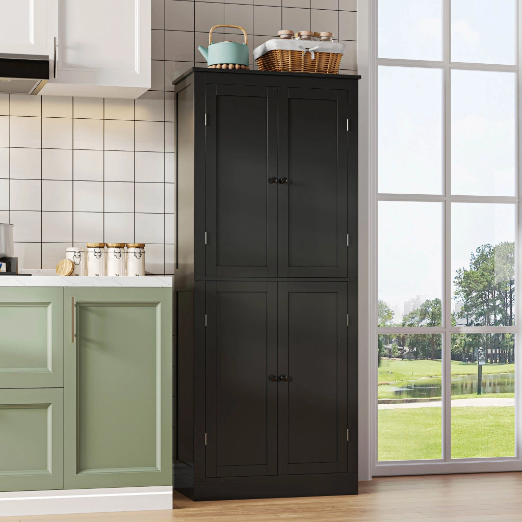 Credenza alta multifunzionale con due ante, ripiani e cassetto interno, 182 × 75 × 40 cm, in MDF, colore nero