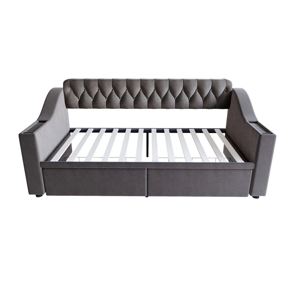 Letto Imbottito con Cassetto e USB ¨C MINIMAL ¨C Velluto Grigio Scuro 90x190