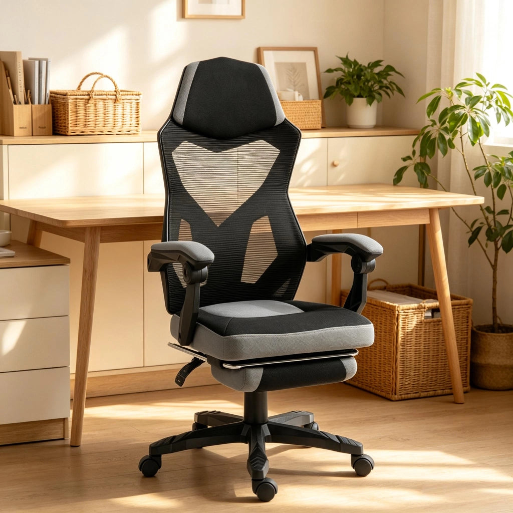Sedia da ufficio gaming ergonomica con schienale alto altezza regolabile e poggiapiedi in rete nero e grigio
