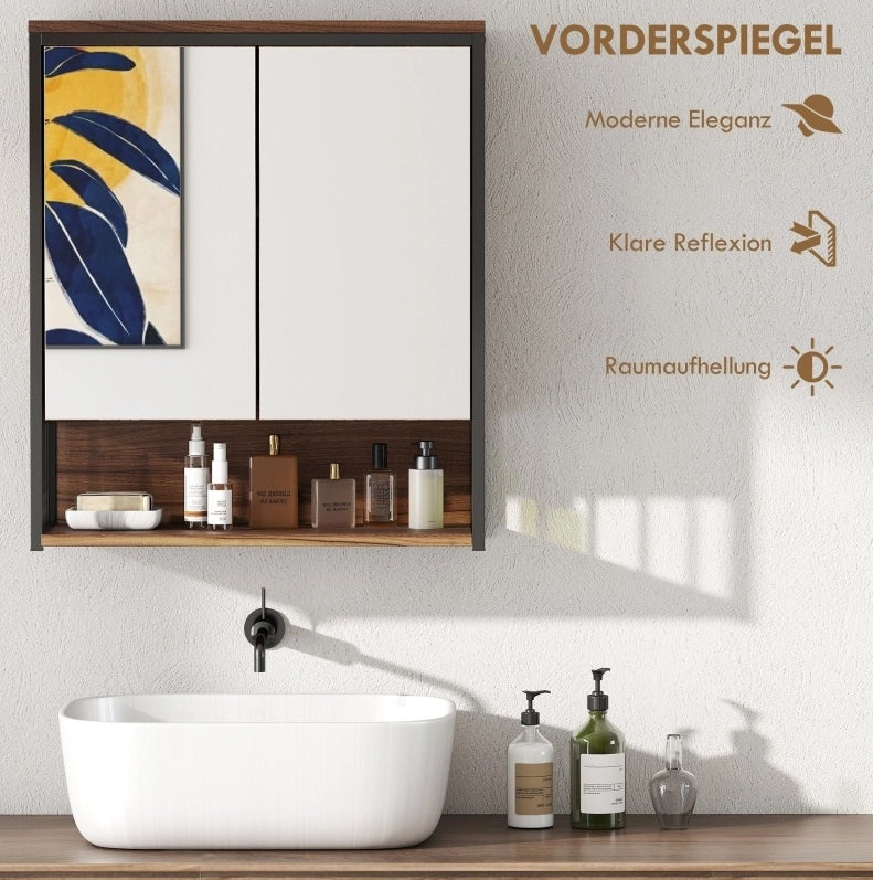Mobiletto da bagno sospeso in MDF e truciolato marrone con specchio 25x40,5 cm