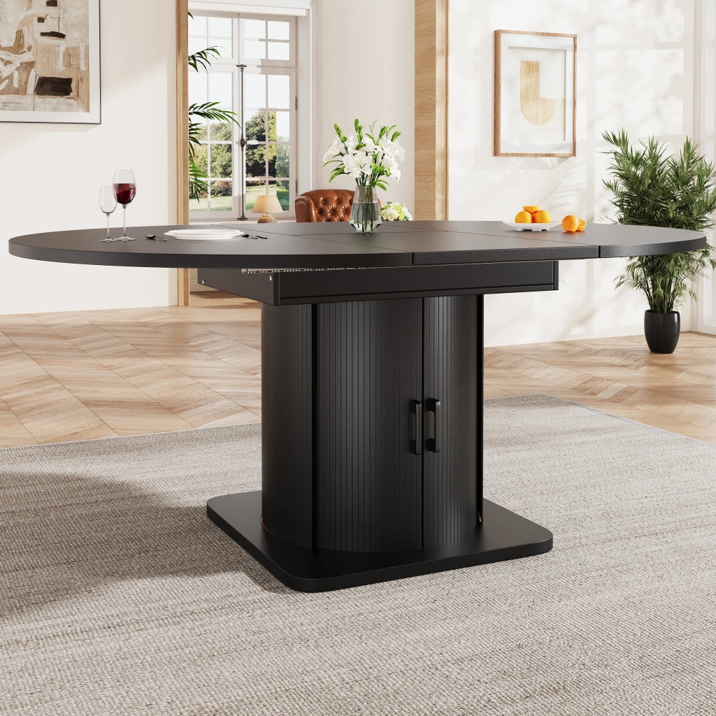 Tavolo allungabile per 4-6 persone con maniglia in metallo e spazio contenitore, stile moderno, in MDF, nero, 118 × 118 × 76 cm