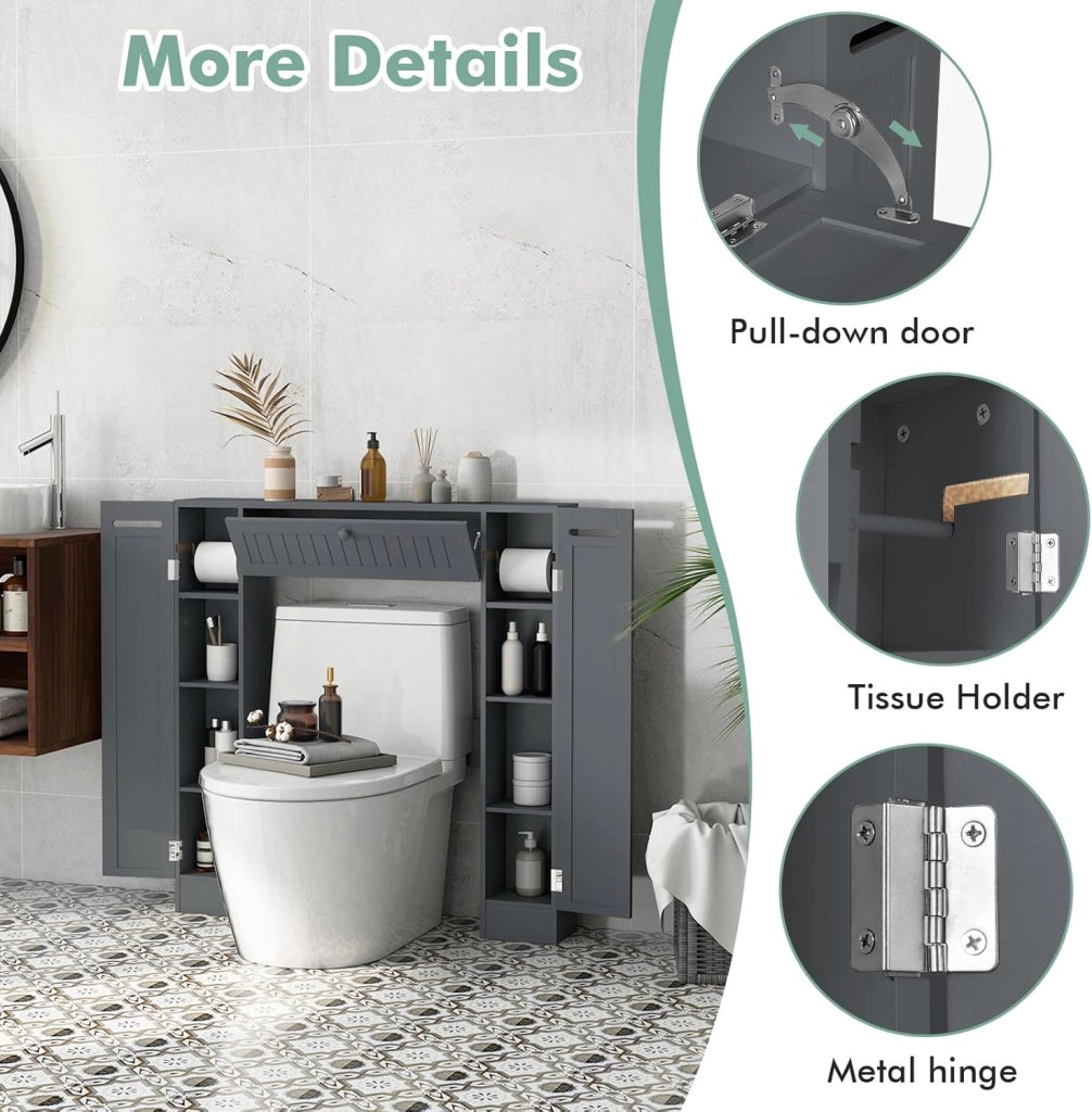 Mobile per Lavatrice, Mobile sopra Toilette, Mobiletto Bagno sopra Toilette, Armadietto da Incasso, in Legno, con Anta, Bagno Salvaspazio, con Porta Carta Igienica (Grigio)
