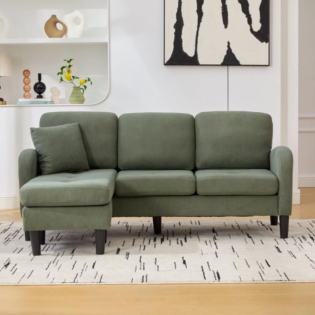Divano angolare modulare con chaise longue; 166 x 118 x 77 cm; velluto a coste verde