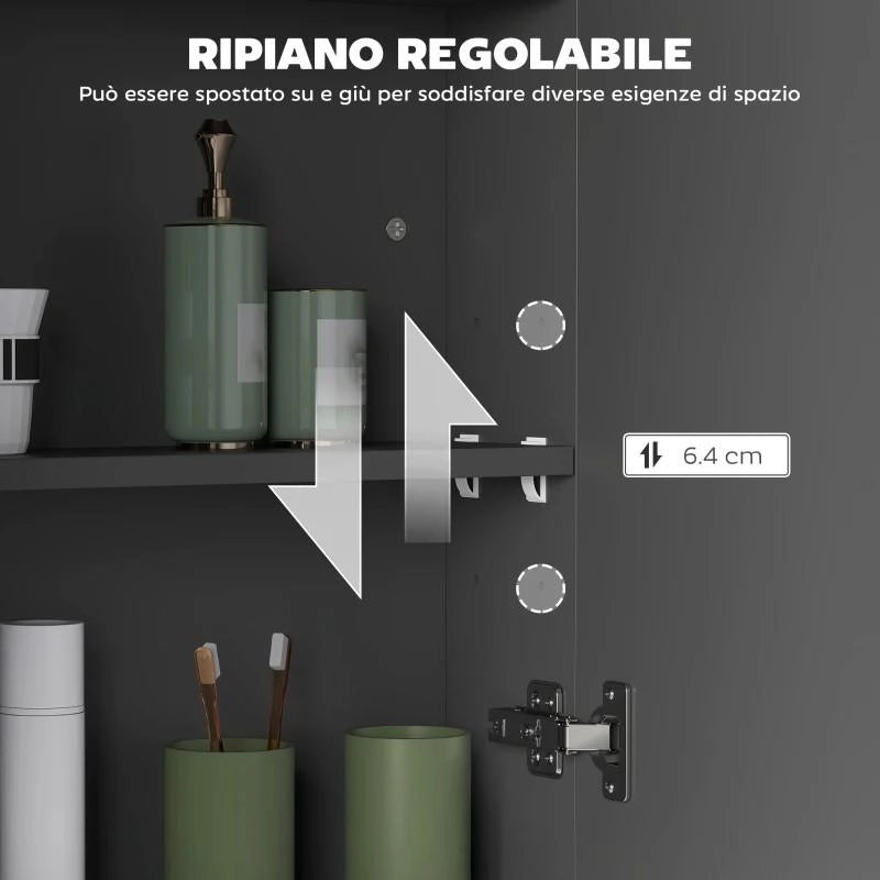 ARMADIETTO PENSILE BAGNO 2 ANTE CON SPECCHIERA E 2 RIPIANI INTERNI IN MDF, 60X15X75 CM, NERO