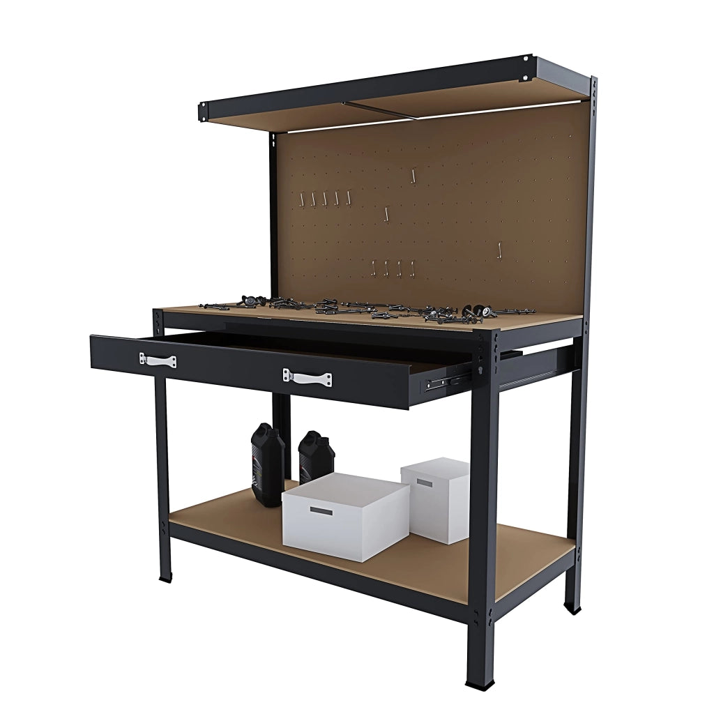 Banco Tavolo Da Lavoro A 3 Livelli Con Cassetto E Parete Pannello Forato Porta Attrezzi Utensili Portata Fino A 370 Kg Ideale Per Garage Officina Cantina Capannone Magazzino 120 X 60 Cm Nero
