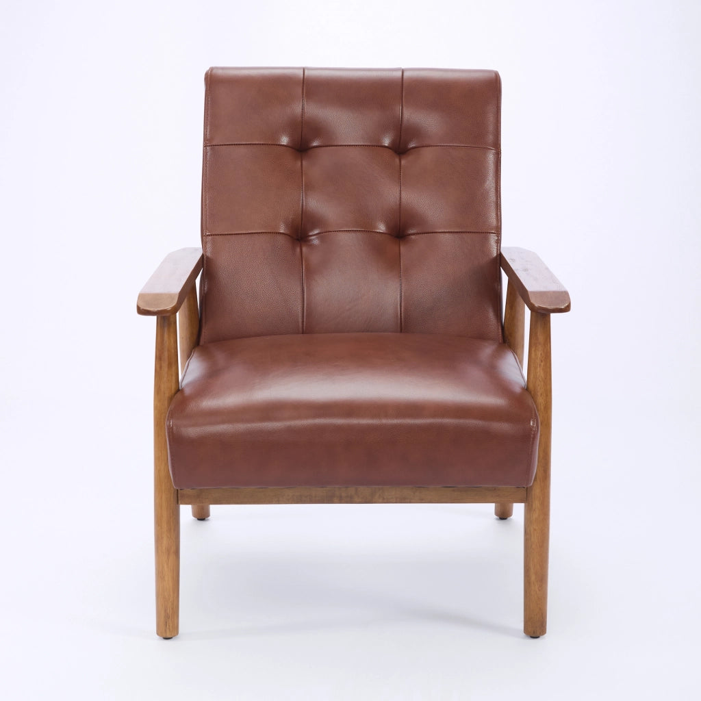 Poltrona Lounge con Schienale con Cuciture Pull-Point e Struttura Stabile, in Pelle, Legno e PVC, Marrone