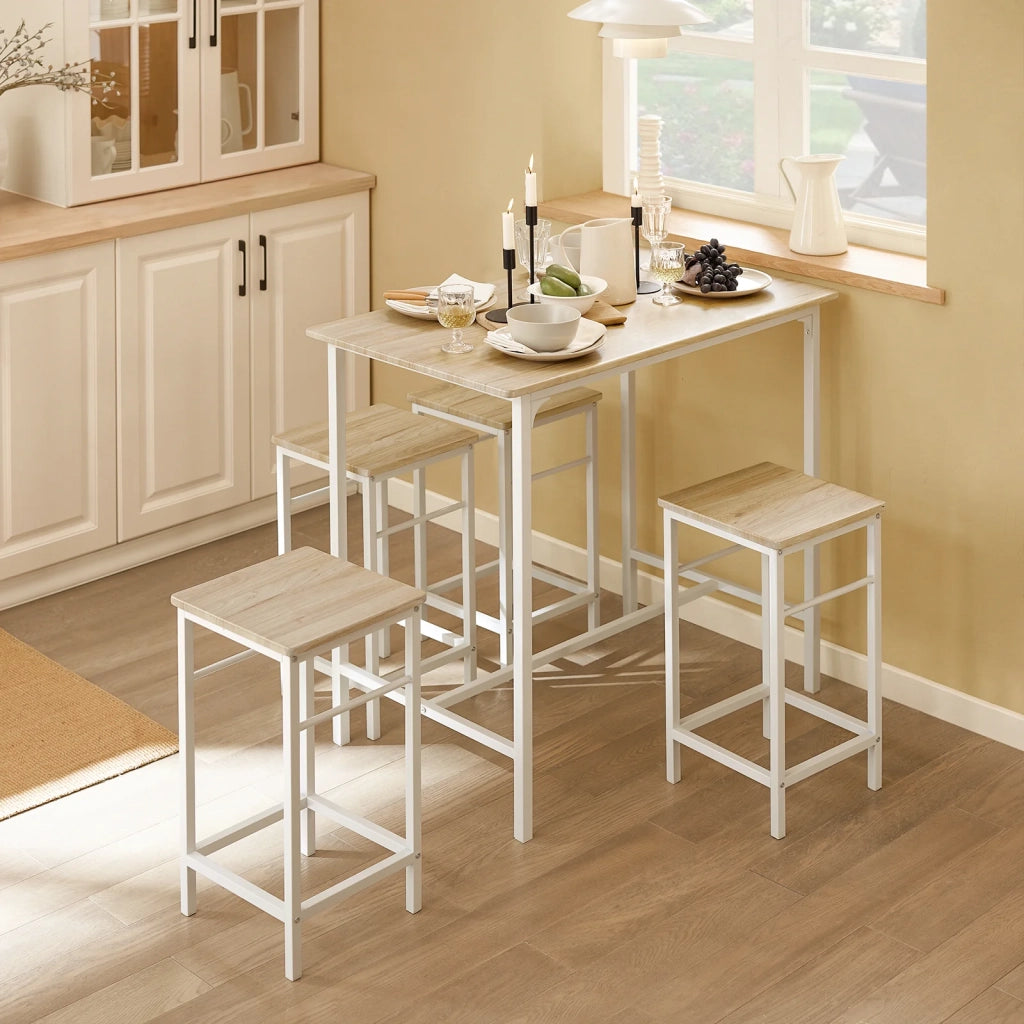 Set 5 Pezzi Tavolo con 4 sgabelli Mobile Bar per casa Stile Industriale L100*P60*A87 cm Bianco OGT11-WN