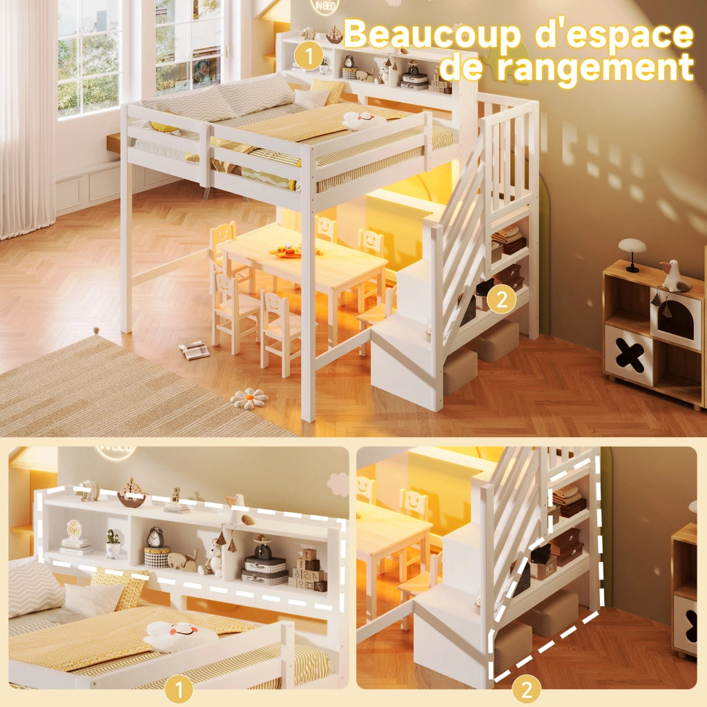 Letto a soppalco 140 × 200 cm con LED scala con contenitore in legno di pino e MDF bianco