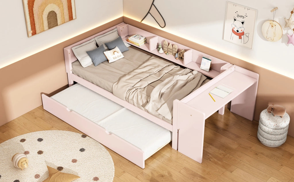 DESMIU Letto bambino 90 × 200 cm con letto estraibile, scrivania e 3 ripiani, senza materasso, rosa