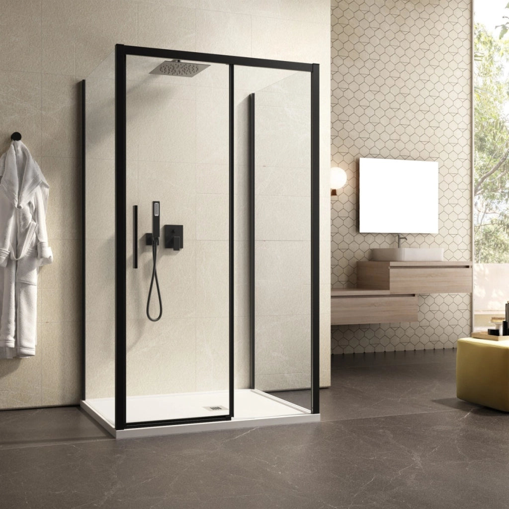 Box doccia tre lati con profili neri scorrevole anticalcare 195 lagoa, misura 70x140x70