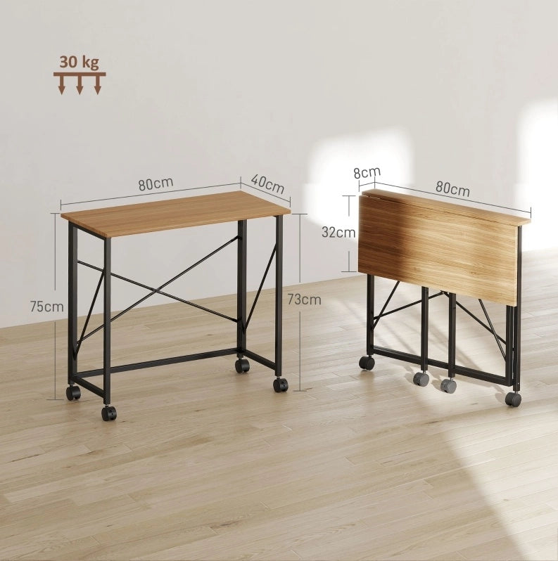 Scrivania pieghevole 80 cm con ruote, colore rovere