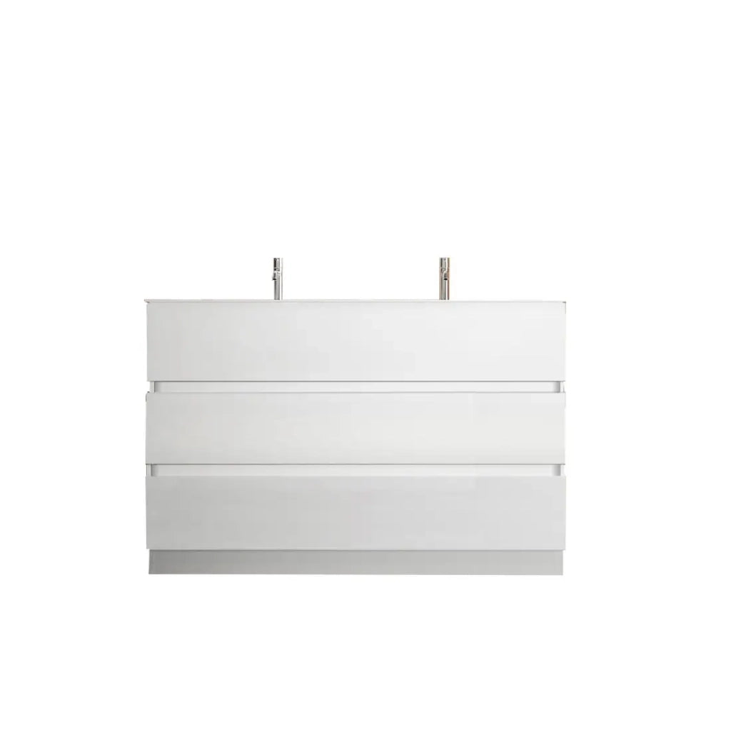 Mobile da bagno con due lavabi e 3 cassetti, collezione VIENNA. Colore bianco lucido.