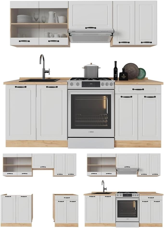 Cucina componibile R-Line, Casa di campagna bianca/quercia dorata, 200 cm, PL Antracite, adatto per l'espansione personalizzata tramite moduli aggiuntivi