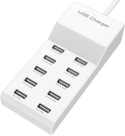 Caricatore USB con 10 porte, formato familiare, porte USB per più dispositivi (telefoni, tablet, laptop)