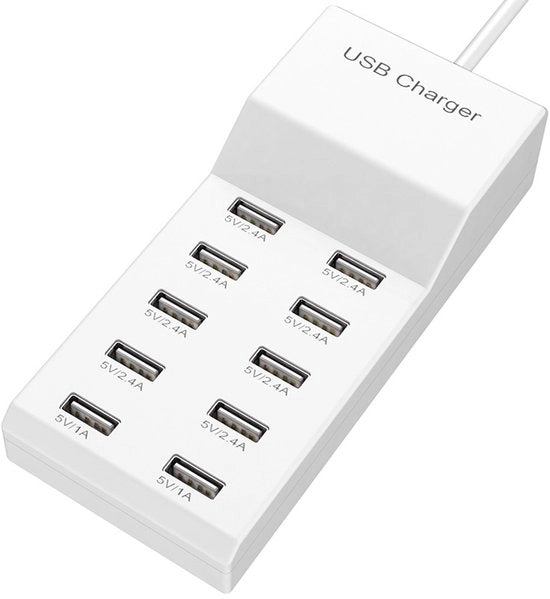 Caricatore USB con 10 porte, formato familiare, porte USB per più dispositivi (telefoni, tablet, laptop)
