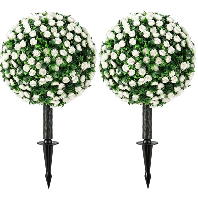 Set di 2 Sfere di Rose Artificiali da 55 cm, Resistenti ai Raggi UV per Esterni, Colore Bianco
