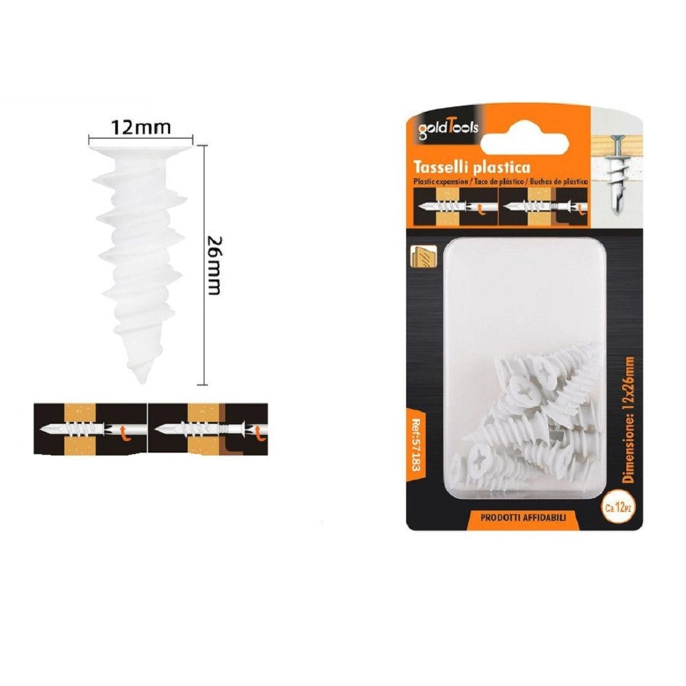 Trade Shop - Set 12 Pezzi Tasselli In Plastica Tassello Fischer Fissaggio Viti 12x26mm 57183 -