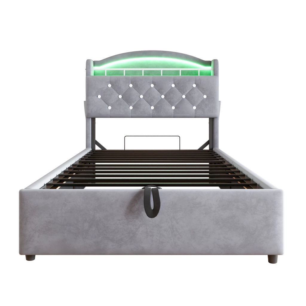DESMIU Letto bambino 90 × 200 cm con contenitore, LED, USB e Type-C, senza materasso, in velluto, grigio